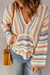 Striped Hooded Sweater with Kangaroo Pocket - Flyclothing LLC