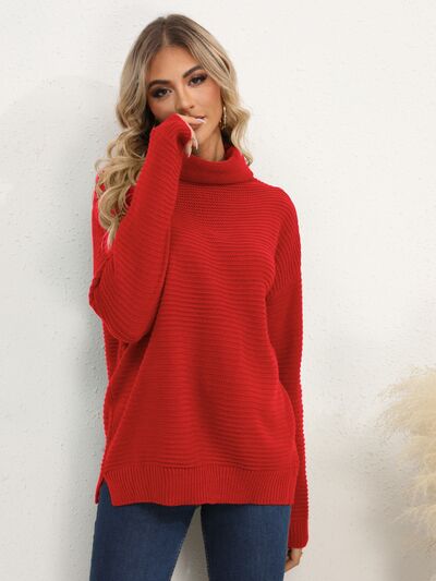 Slit Turtleneck Dropped Shoulder Sweater - Flyclothing LLC