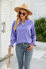 Heathered Flounce Sleeve Curved Hem Top - Trendsi