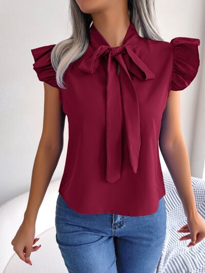 Tie  Neck Cap Sleeve Blouse - Flyclothing LLC