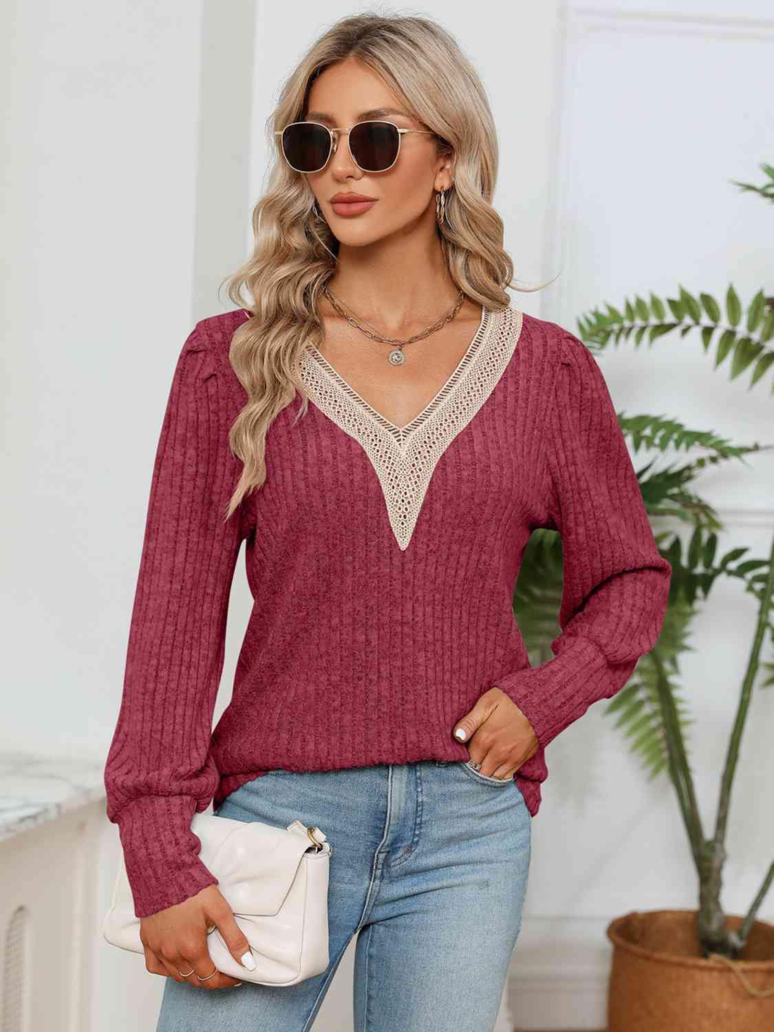 Lace Detail V-Neck Ribbed Blouse - Flyclothing LLC