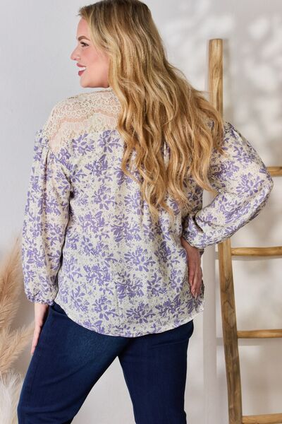 Hailey & Co Full Size Lace Detail Printed Blouse - Flyclothing LLC