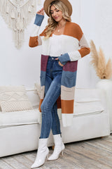 Long Color Block Open Front Pocketed Cardigan - Flyclothing LLC