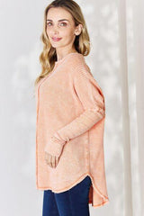 Zenana Oversized Washed Waffle Long Sleeve Top - Flyclothing LLC