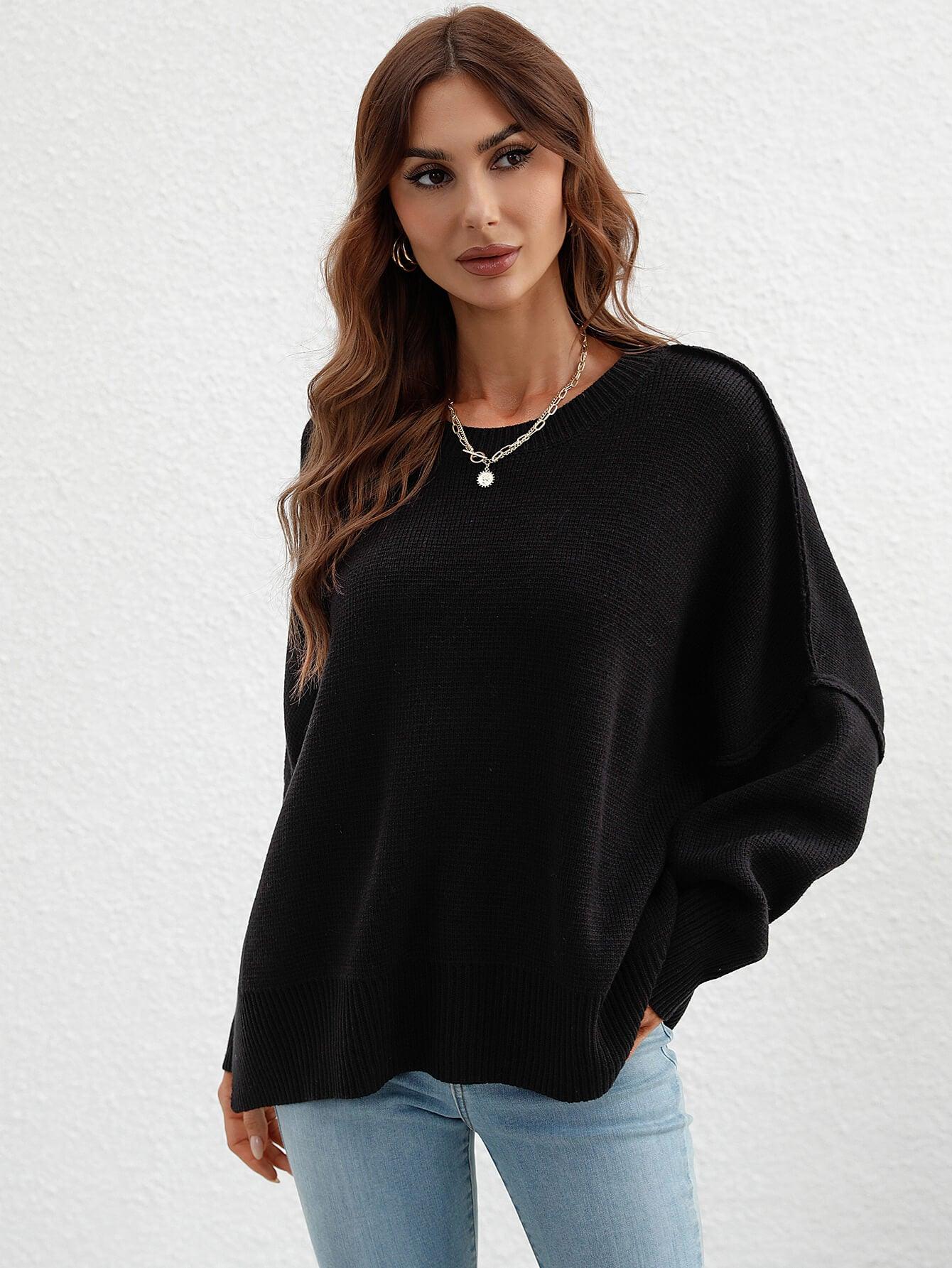 Exposed Seam Dropped Shoulder Slit Sweater - Trendsi