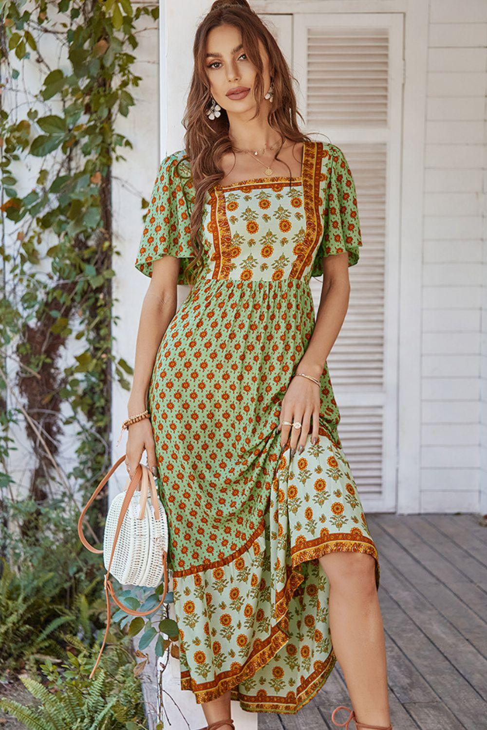 Bohemian Square Neck Flutter Sleeve Maxi Dress - Flyclothing LLC