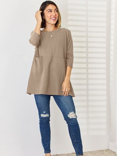 Pocketed Round Neck Half Sleeve Blouse - Flyclothing LLC