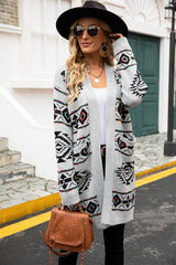 Pocketed Geometric Open Front Dropped Shoulder Cardigan - Flyclothing LLC