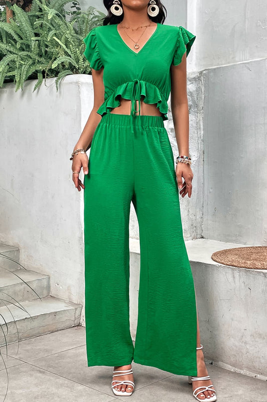 V-Neck Ruffle Hem Top and Slit Pants Set - Flyclothing LLC