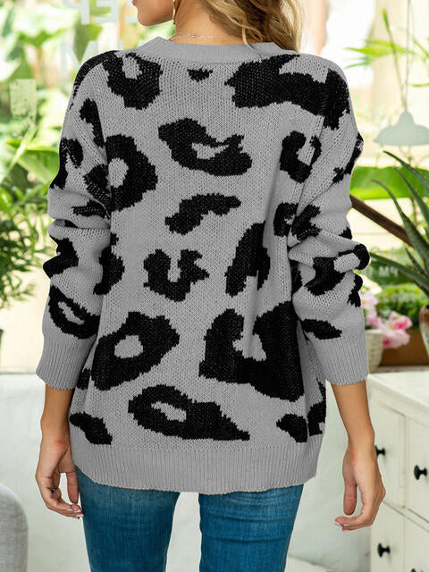 Drop Shoulder Leopard Pullover Sweater - Flyclothing LLC