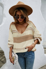 Color Block Scoop Neck Dropped Shoulder Sweater - Trendsi