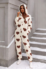 Fuzzy Heart Zip Up Hooded Lounge Jumpsuit - Flyclothing LLC