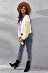 Color Block Button Up V-Neck Knit Top - Flyclothing LLC