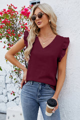 Ruffled V-Neck Cap Sleeve Blouse - Flyclothing LLC