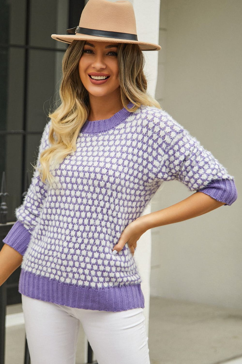 Printed Round Neck Dropped Shoulder Sweater - Flyclothing LLC