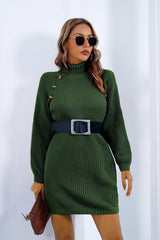 Buttoned Turtleneck Long Sleeve Sweater Dress - Flyclothing LLC