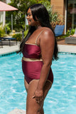 Marina West Swim Wave Break Contrast Trim One-Piece in Wine - Flyclothing LLC