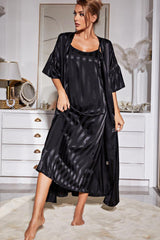 Striped Flounce Sleeve Open Front Robe and Cami Dress Set - Flyclothing LLC