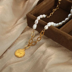 Coin pendant Pearl Titanium Steel Necklace - Trendsi