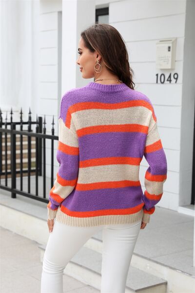 Color Block Round Neck Dropped Shoulder Sweater - Trendsi