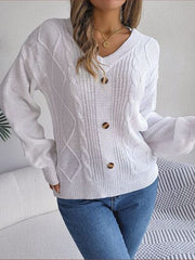 Cable-Knit Buttoned V-Neck Sweater - Flyclothing LLC