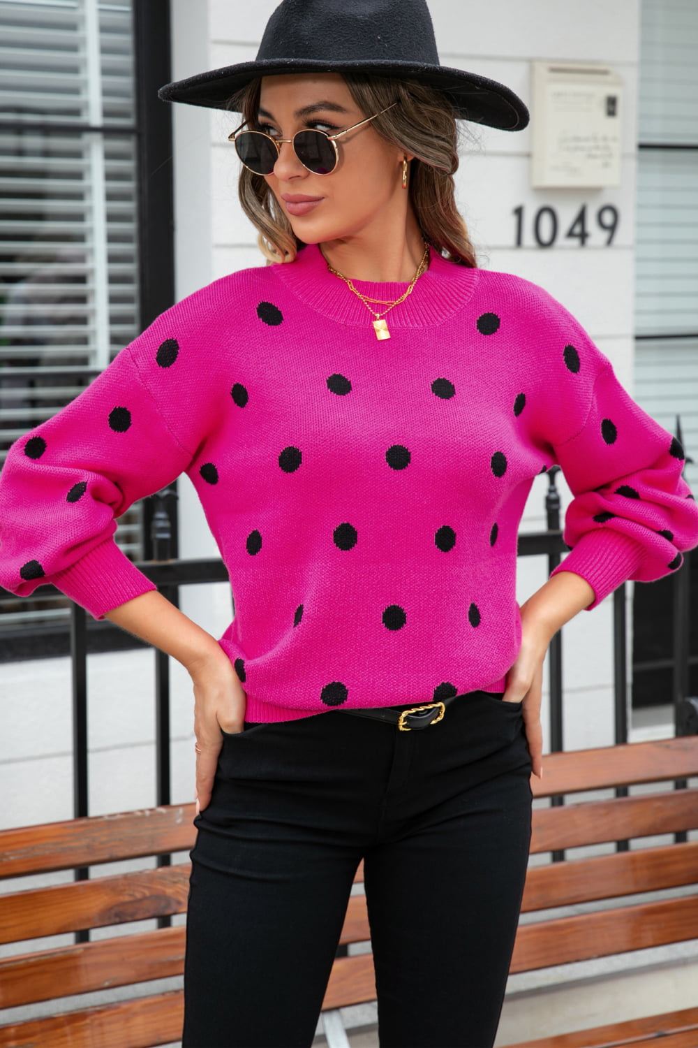 Polka Dot Round Neck Dropped Shoulder Sweater - Flyclothing LLC