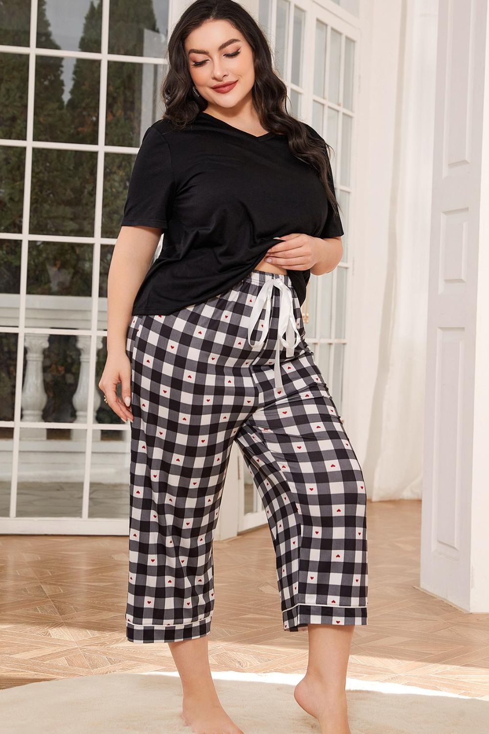 V-Neck Tee and Plaid Cropped Pants Lounge Set - Flyclothing LLC