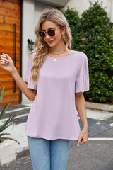 Pleated Flutter Sleeve Round Neck Blouse - Flyclothing LLC