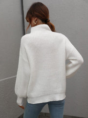 High Neck Balloon Sleeve Rib-Knit Pullover Sweater - Flyclothing LLC