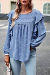 Ruffle Trim Balloon Sleeve Blouse - Flyclothing LLC