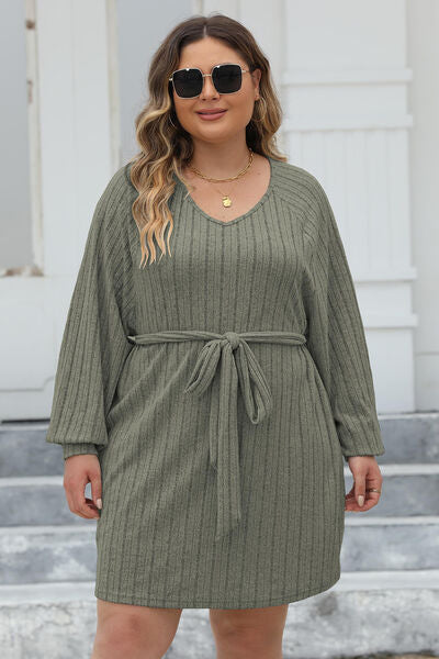 Plus Size Ribbed Tie Front Long Sleeve Sweater Dress - Flyclothing LLC