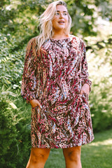 Plus Size Printed Round Neck Long Sleeve Mini Dress - Flyclothing LLC