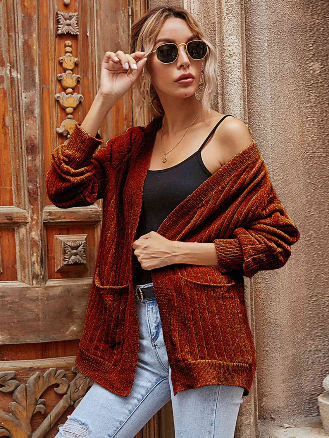 Ribbed Open Front Long Sleeve Cardigan with Pockets - Flyclothing LLC