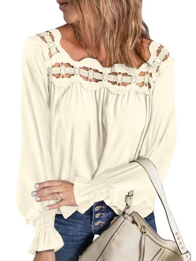 Cutout Square Neck Long Sleeve Blouse - Flyclothing LLC