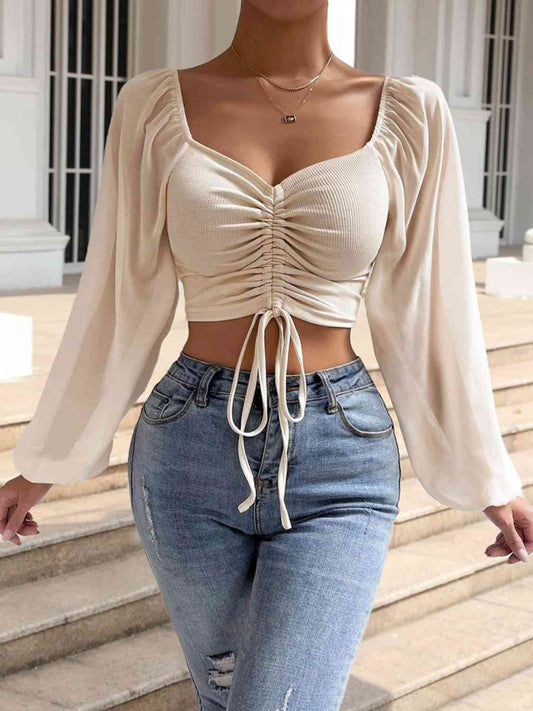 Drawstring Sweetheart Neck Cropped Top - Trendsi