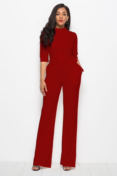 Mock Neck Tie-Waist Half Sleeve Jumpsuit - Flyclothing LLC