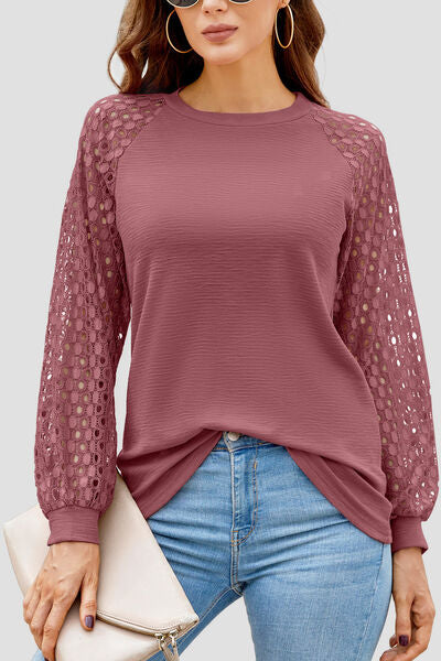 Full Size Eyelet Round Neck Long Sleeve T-Shirt - Flyclothing LLC