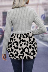 Leopard Peplum Round Neck Blouse - Trendsi