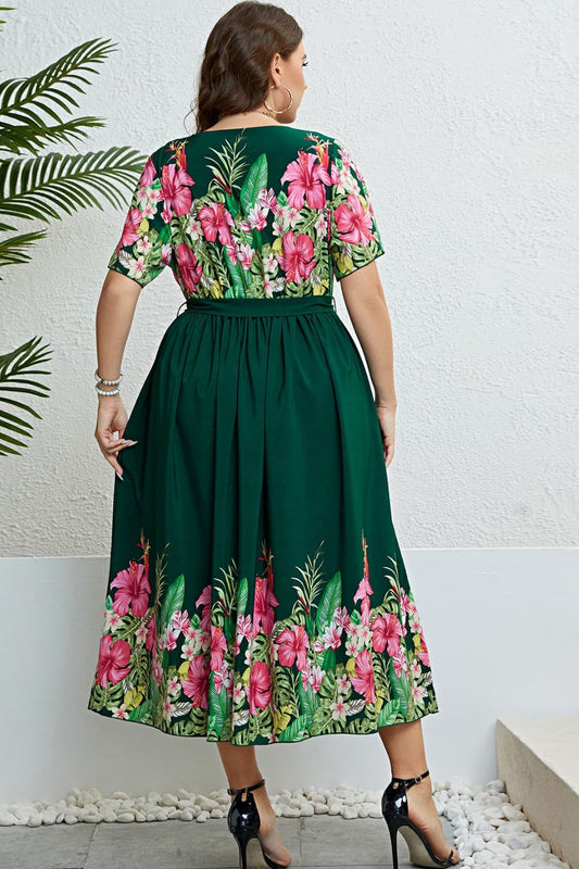 Floral Tie-Waist Round Neck Dress - Flyclothing LLC