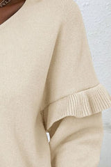 V-Neck Ruffle Trim Long Sleeve Sweater - Flyclothing LLC