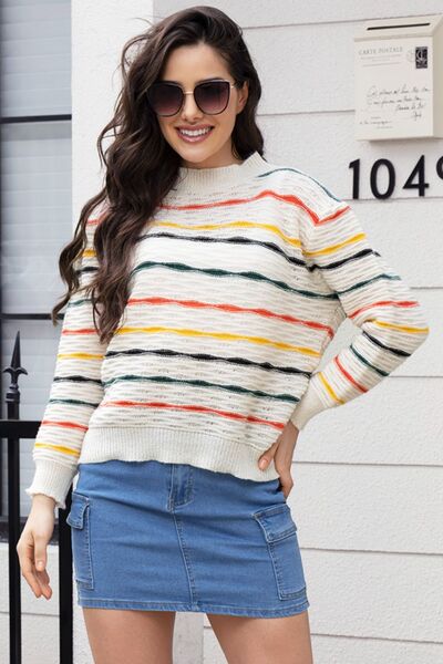 Striped Round Neck Long Sleeve Sweater - Flyclothing LLC