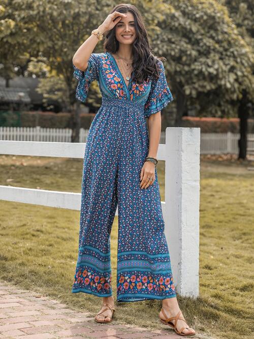 Floral Surplice Flutter Sleeve Jumpsuit - Flyclothing LLC