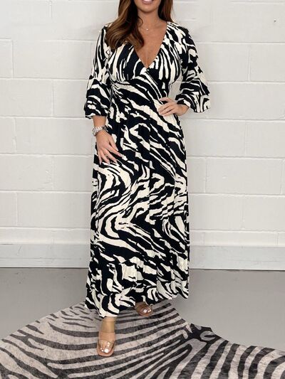 Smocked Printed Flounce Sleeve Maxi Dress - Flyclothing LLC