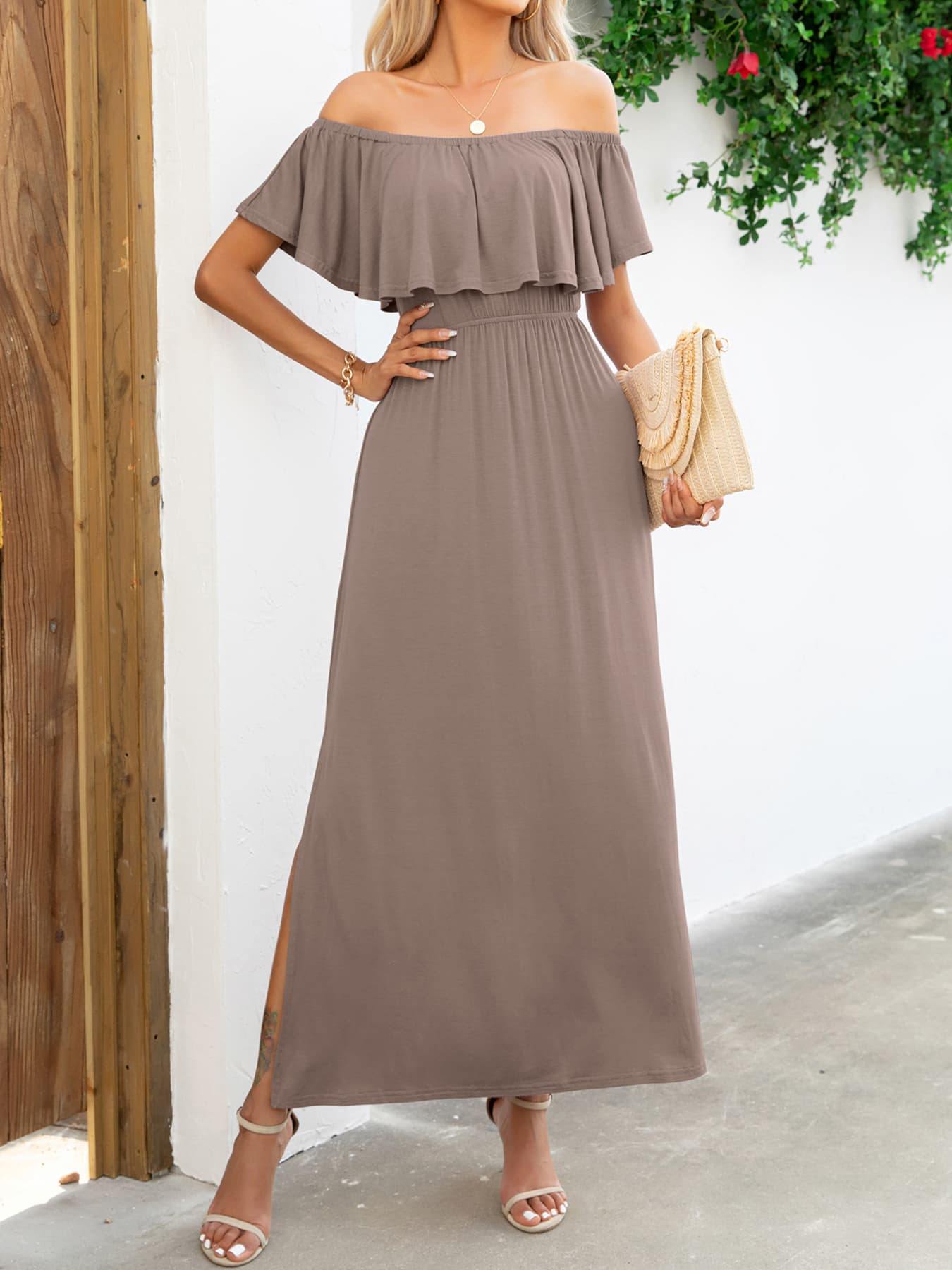 Off-Shoulder Slit Maxi Dress - Flyclothing LLC