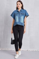 Pocketed Button Up Short Sleeve Denim Top - Flyclothing LLC