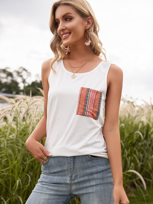 Pocketed Printed Round Neck Tank - Flyclothing LLC