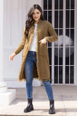 Fringe Trim Open Front Cardigan with Pockets - Flyclothing LLC