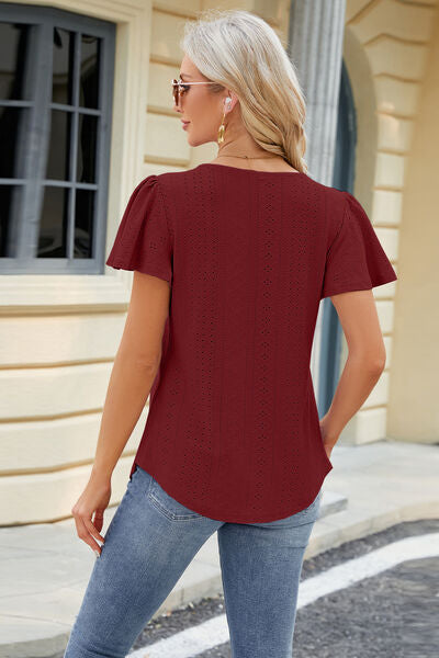 Eyelet Square Neck Short Sleeve T-Shirt - Flyclothing LLC