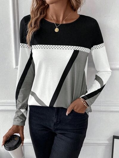 Contrast Round Neck Long Sleeve T-Shirt - Trendsi