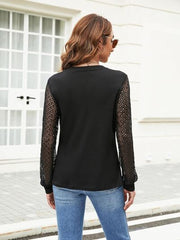 Waffle-Knit Round Neck Long Sleeve Blouse - Flyclothing LLC